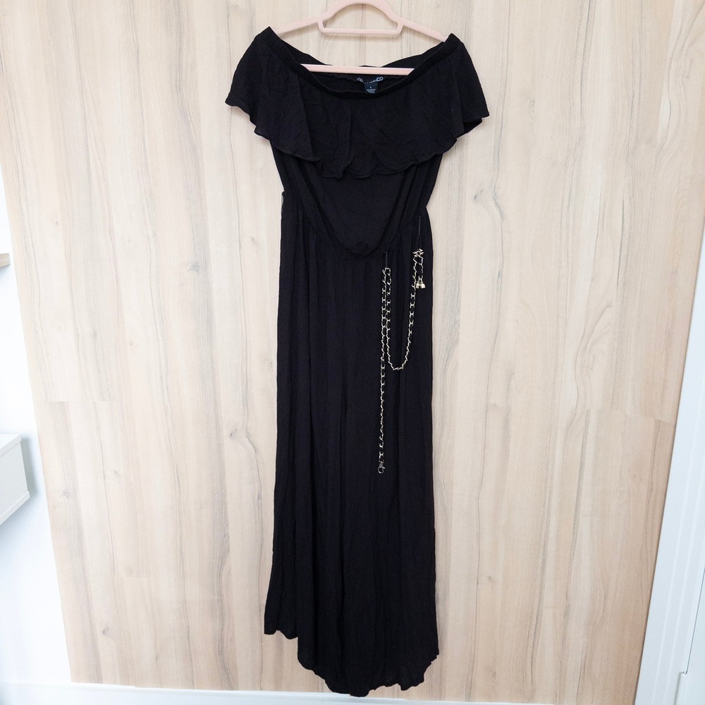 Coco Bianco Strapless Maxi Dress Large Brown Ruffle Belted Boho‎ Coastal Resort